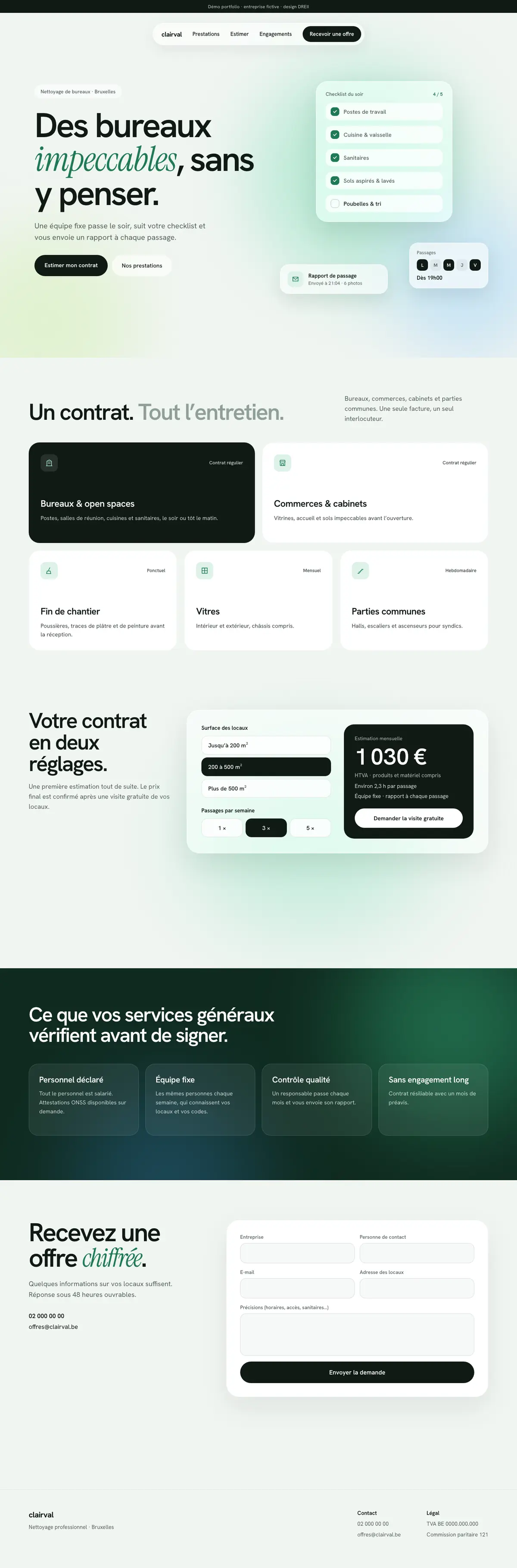 Maquette Clairval Services, style Verre : page d'accueil complète.